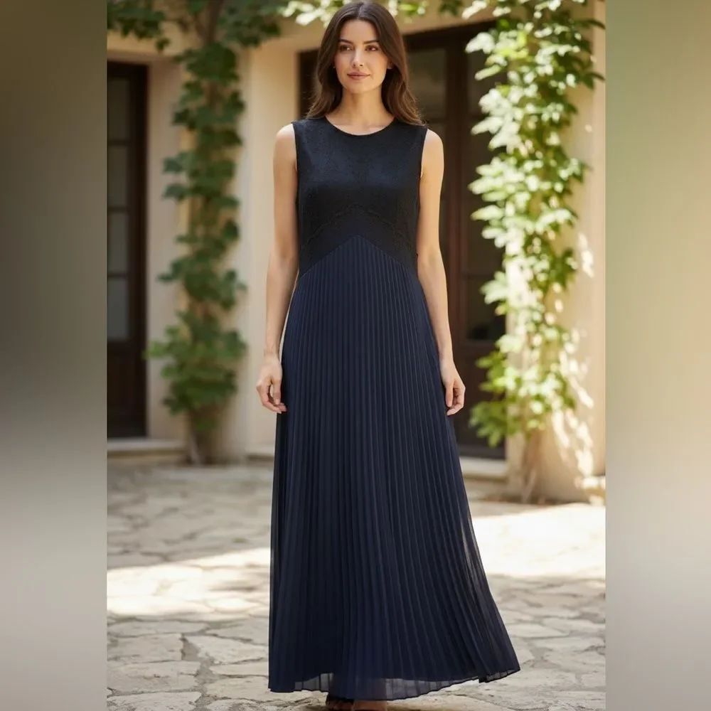 NWT Zara black/ blue lace and pleated midi dress S